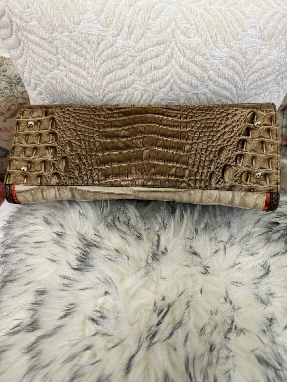 Croc-Embossed Tote in Beige and Brown with Red Trim